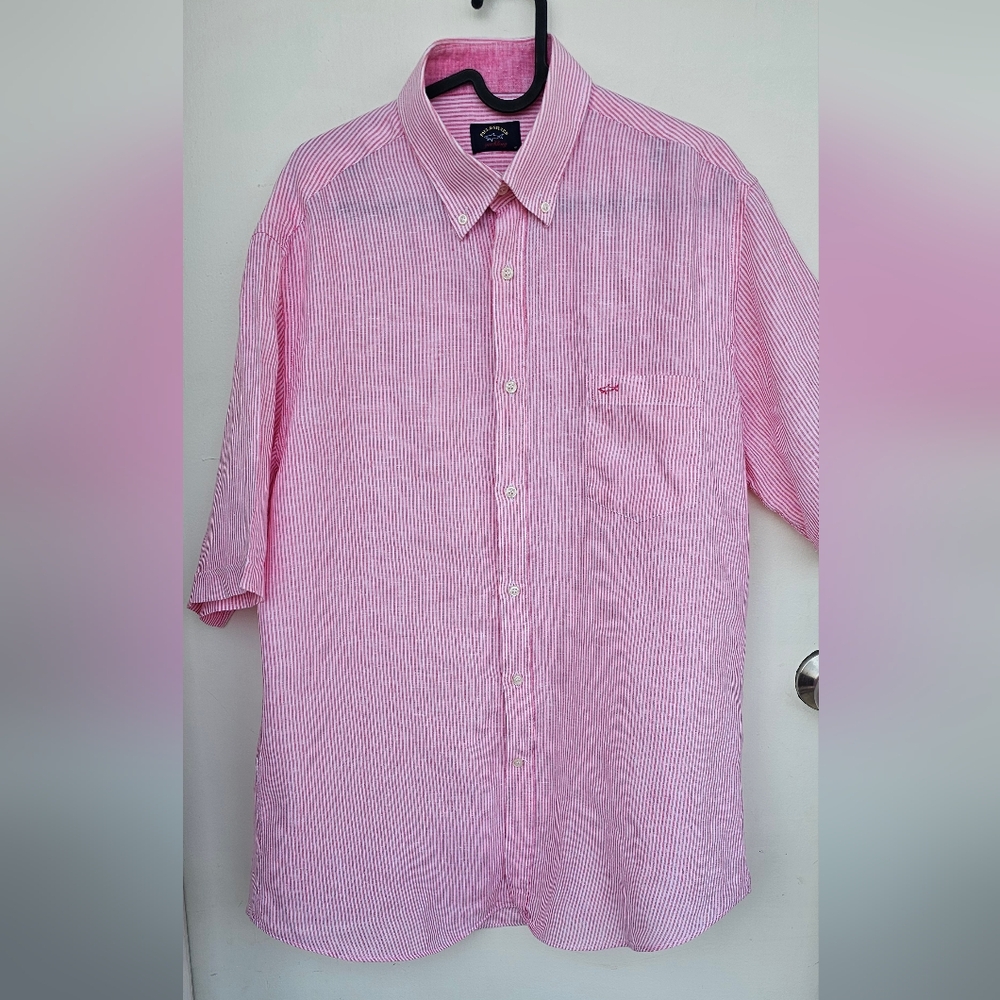 Paul & Shark Yachting Linen Pink Striped Short Sleeve ShirtSz.L 16.5